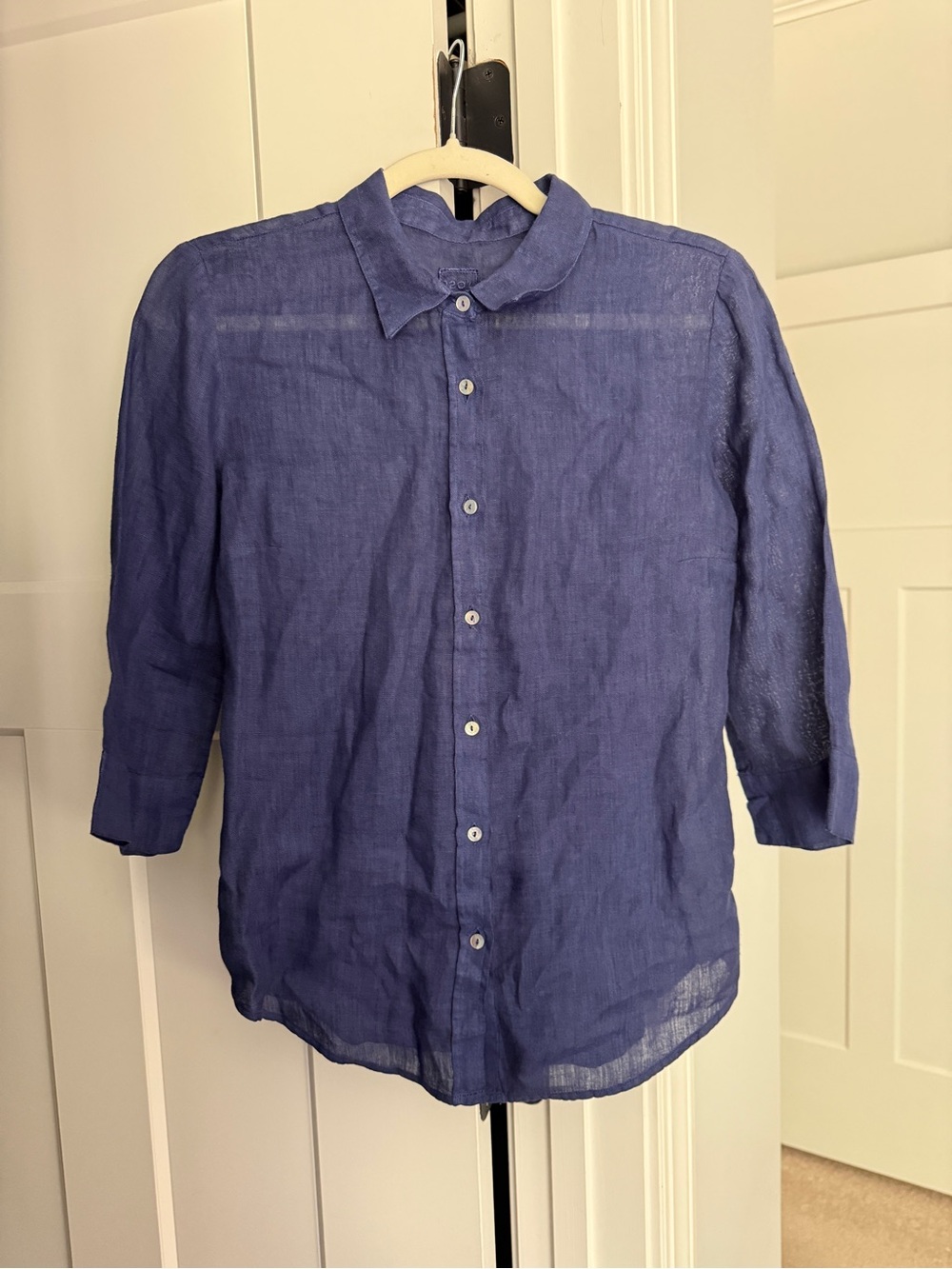 120% Lino Navy Blue Linen Button Down Top 3/4 Sleeve Shirt